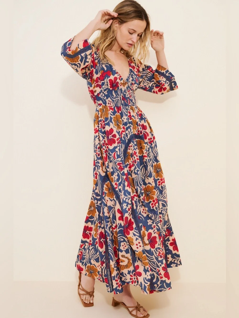 Free People Bohemian Floral Maxi Dress in Blue & Pink